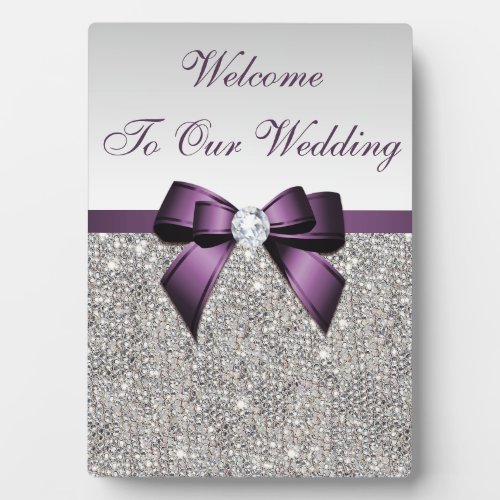 Faux Silver Sequins Diamonds Purple Bow Wedding  Plaque