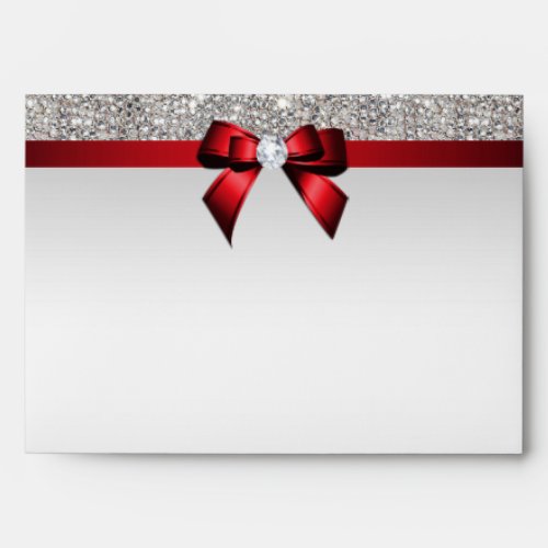 Faux Silver Sequins Diamonds Red Bow Envelope