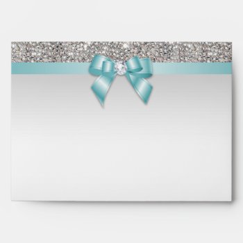Faux Silver Sequins Diamonds Teal Bow Envelope by GroovyGraphics at Zazzle