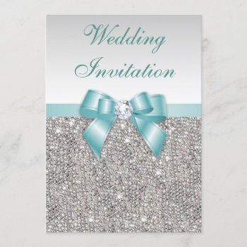 Faux Silver Sequins Diamonds Teal Bow Wedding Invitation by GroovyGraphics at Zazzle