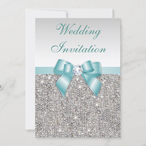 Faux Silver Sequins Diamonds Teal Bow Wedding Invitation