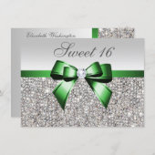 Faux Silver Sequins Emerald Bow Diamond Sweet 16 Invitation (Front/Back)
