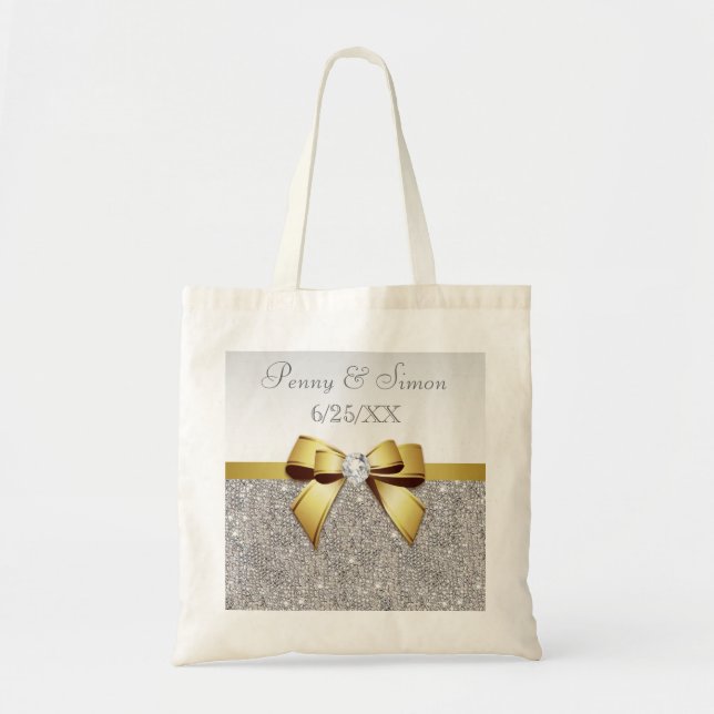 Faux Silver Sequins Gold Bow Wedding Favor Tote Bag (Front)