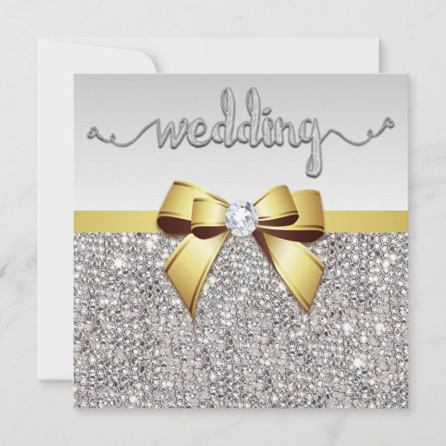 Faux Silver Sequins Gold Bow Wedding Invitation (Front)