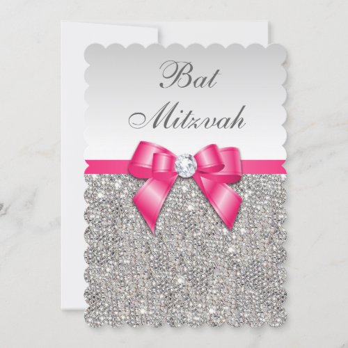 Faux Silver Sequins Hot Pink Bow Bat Mitzvah Invitation