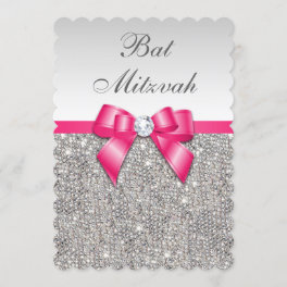 Faux Silver Sequins Hot Pink Bow Bat Mitzvah Invitation