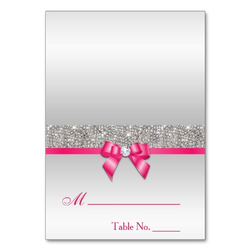 Faux Silver Sequins Hot Pink Bow Place Card