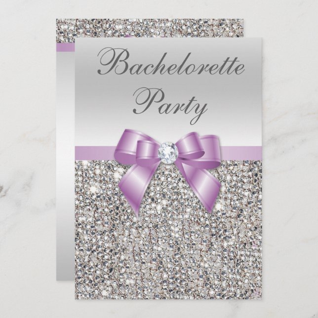 Faux Silver Sequins Lilac Bow Bachelorette Party Invitation (Front/Back)