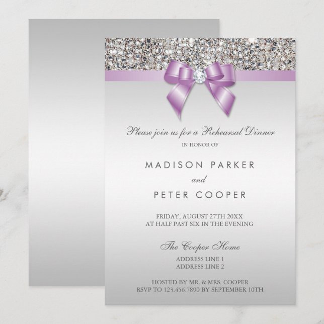 Faux Silver Sequins Lilac Bow Rehearsal Dinner Invitation (Front/Back)
