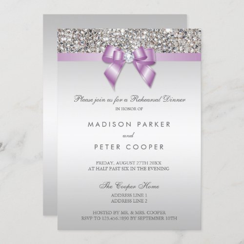 Faux Silver Sequins Lilac Bow Rehearsal Dinner Invitation