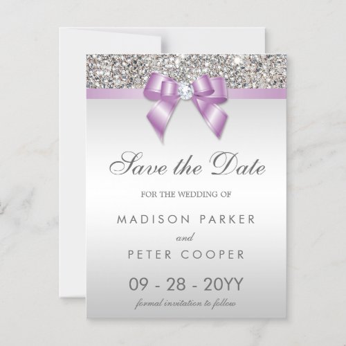 Faux Silver Sequins Lilac Bow Save The Date Magnetic Invitation