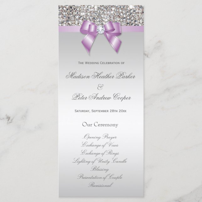 Faux Silver Sequins Lilac Bow Wedding Program (Front)