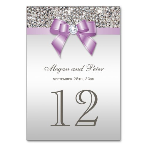 Faux Silver Sequins Lilac Bow Wedding Table Number