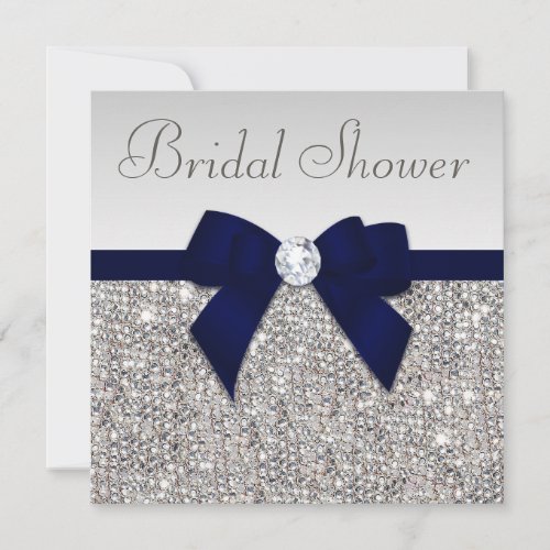 Faux Silver Sequins Navy Blue Bow Bridal Shower Invitation