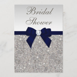 Faux Silver Sequins Navy Bow Bridal Shower Invitation
