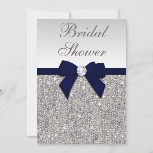 Faux Silver Sequins Navy Bow Bridal Shower Invitation