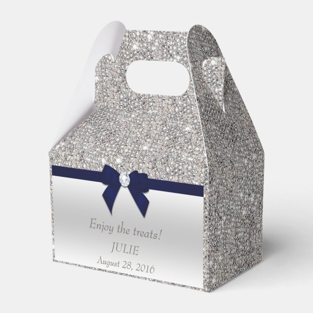 Faux Silver Sequins Navy Bow Favor Boxes (Front Side)