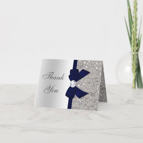 Faux Silver Sequins Navy Diamond Bow Thank You