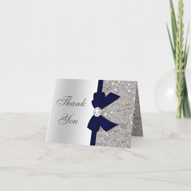 Faux Silver Sequins Navy Diamond Bow Thank You (Front)