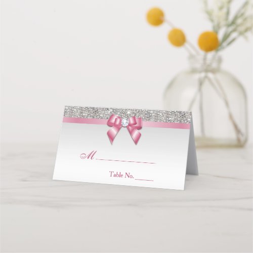 Faux Silver Sequins Pink Bow Place Card