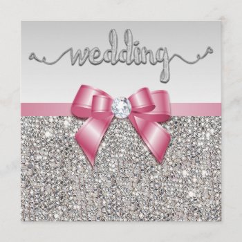 Faux Silver Sequins Pink Bow Wedding Invitation by GroovyGraphics at Zazzle