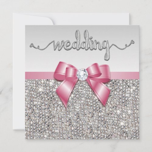 Faux Silver Sequins Pink Bow Wedding Invitation