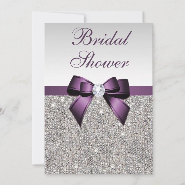Faux Silver Sequins Purple Bow Bridal Shower Invitation (Front)