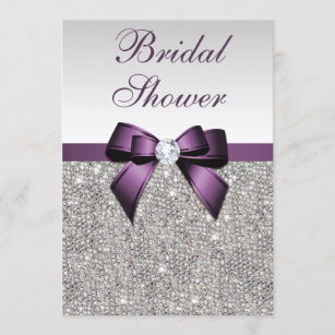 Faux Silver Sequins Purple Bow Bridal Shower Invitation