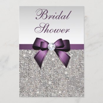 Faux Silver Sequins Purple Bow Bridal Shower Invitation by GroovyGraphics at Zazzle