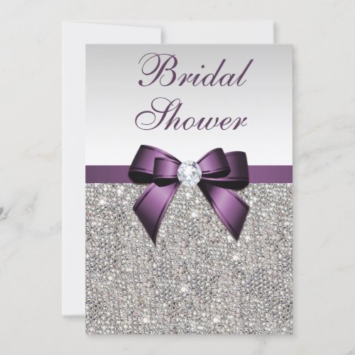 Faux Silver Sequins Purple Bow Bridal Shower Invitation