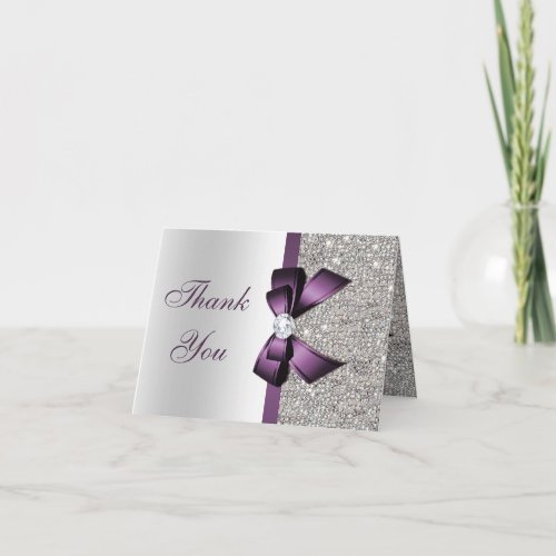 Faux Silver Sequins Purple Diamond Bow Thank You