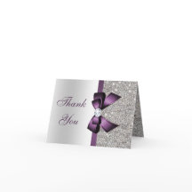 Faux Silver Sequins Purple Diamond Bow Thank You