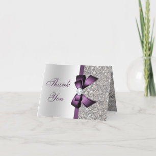 Faux Silver Sequins Purple Diamond Bow Thank You Card
