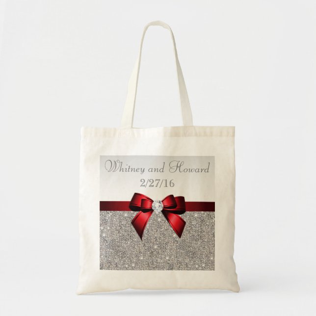 Faux Silver Sequins Red Bow Wedding Favor Tote Bag (Front)