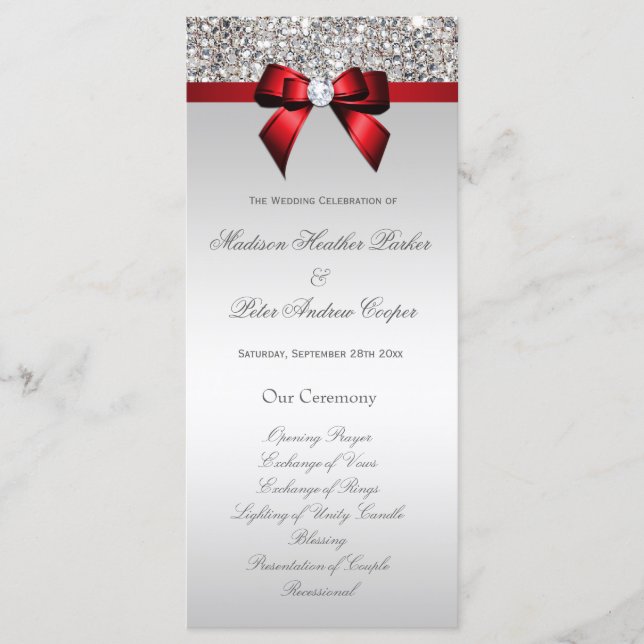 Faux Silver Sequins Red Bow Wedding Program (Front)