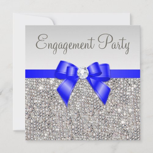 Faux Silver Sequins Royal Blue Bow Engagement Invitation