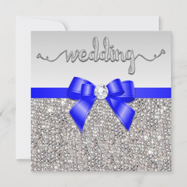 Faux Silver Sequins Royal Blue Bow Wedding Invitation (Front)