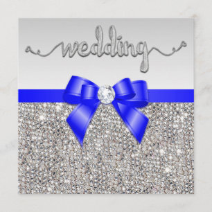 Faux Silver Sequins Royal Blue Bow Wedding Invitation