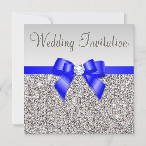 Faux Silver Sequins Royal Blue Bow Wedding Invitation