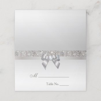 Faux Silver Sequins Silver Bow Place Card by GroovyGraphics at Zazzle