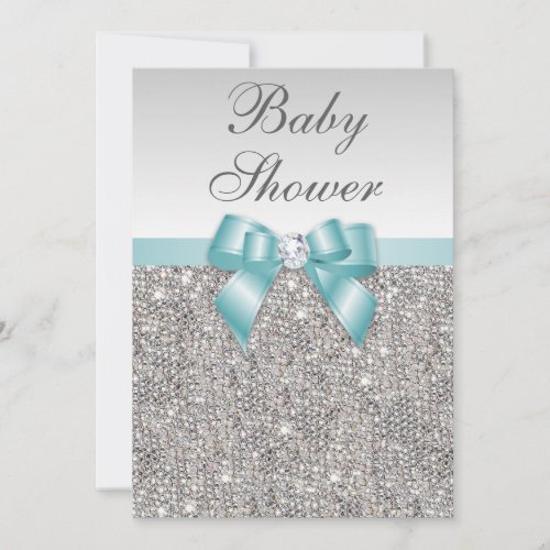 Faux Silver Sequins Teal Blue Baby Shower Invitation
