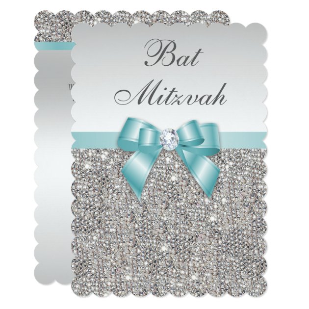 Faux Silver Sequins Teal Blue Bat Mitzvah Invitation