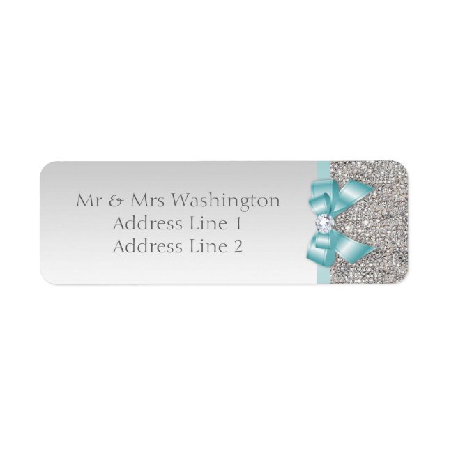 Faux Silver Sequins Teal Blue Bow and Diamond Label (Front)