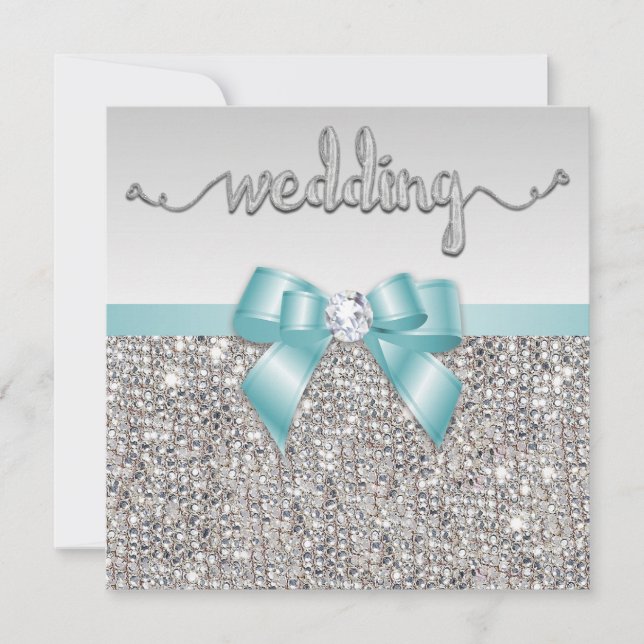 Faux Silver Sequins Teal Blue Bow Wedding Invitation (Front)