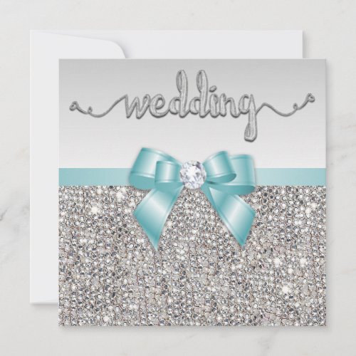 Faux Silver Sequins Teal Blue Bow Wedding Invitation
