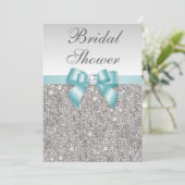 Faux Silver Sequins Teal Blue Bridal Shower Invitation (Standing Front)