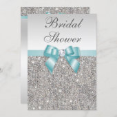 Faux Silver Sequins Teal Blue Bridal Shower Invitation (Front/Back)