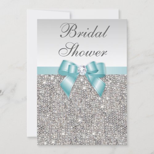 Faux Silver Sequins Teal Blue Bridal Shower Invitation