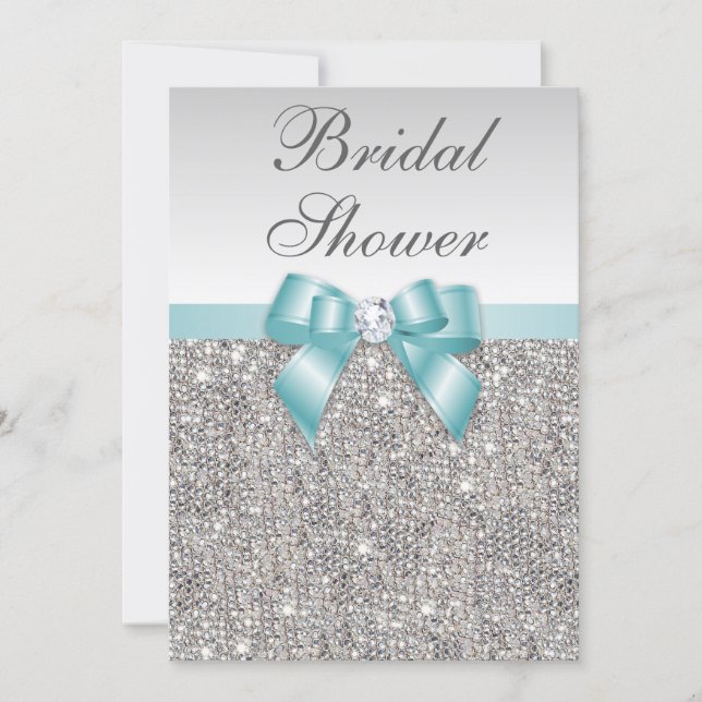 Faux Silver Sequins Teal Blue Bridal Shower Invitation (Front)