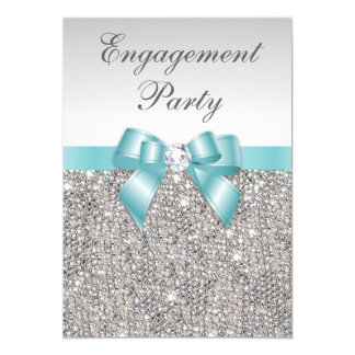 Faux Silver Sequins Teal Bow Engagement Party Card